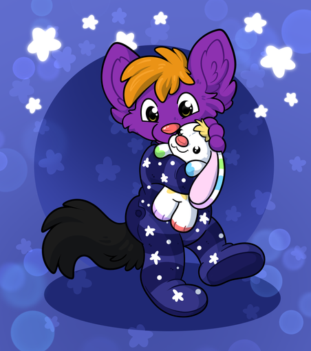 Sam, the purple kitten, in navy starry pyjamas, cuddling his bunny plushie.