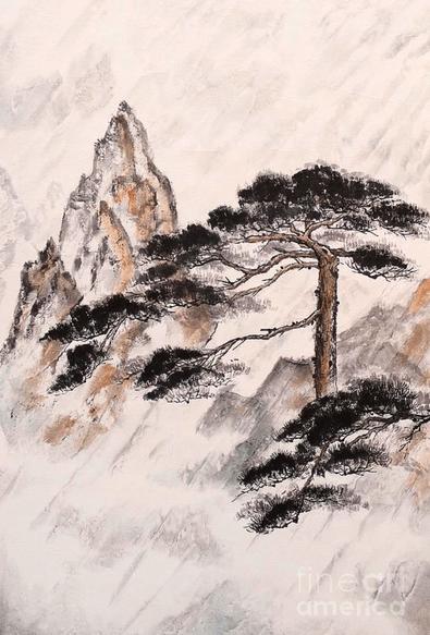 Yellow Mountain in Rain is a brush painting of a pine tree in the Yellow Mountain (China) in traditional Chinese free style technique (shan shui) with ink on rice paper.