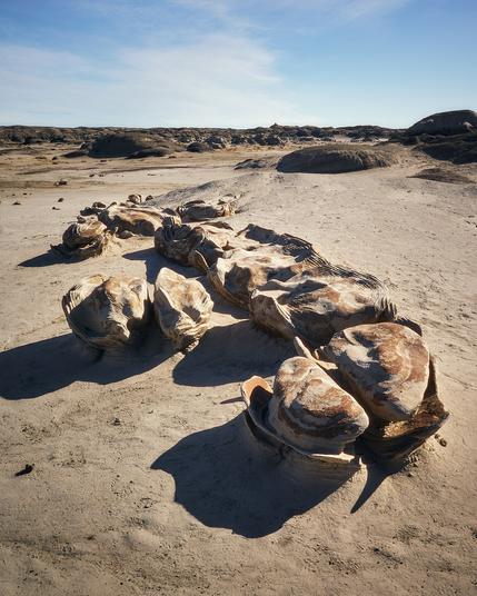 A barren desert landscape with unique, rounded rock formations casting long shadows on the sandy ground under a partly cloudy sky.