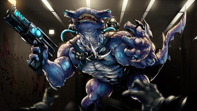 Illustration by Doodlenerve0116.

One of the Ju'Jinkai stand over a helpless Republic soldier.

Descended from an acquatic predator, there is a definite shark-like quality to them. Standing on two legs, but oriented on the horizontal plane, they have a distinct hammerhead and an extremely muscular frame, including two massive double-thumbed hands.

It holds a large handgun in one hand and wears a harness carrying grenades and bladed weapons.

Finally, they have one last terrifying weapon: their double-articulated jaws.

They are a species caught between two worlds: the aquatic and the terrestrial. They can breathe both an atmosphere and water, but this one is wearing a water tank for breathing.

Their species left the water of their world many generations ago, fleeing even bigger predators, and the terrestrial adaptation allowed them to start developing their intelligence.

Though terrifying, they should never be written off as dull and brutish. There is much more to them than first appears.