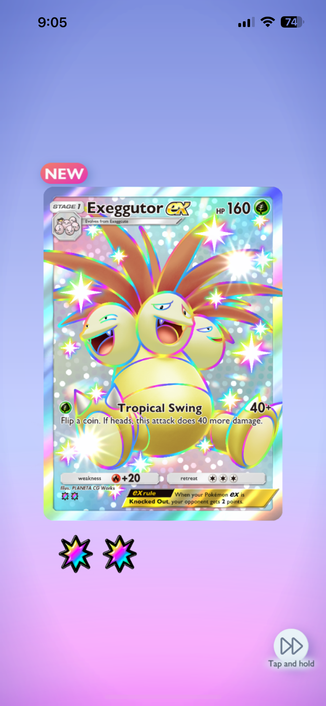 A shiny Exeggutor card pulled from the latest packs in Pokemon Trading Card Game Pocket