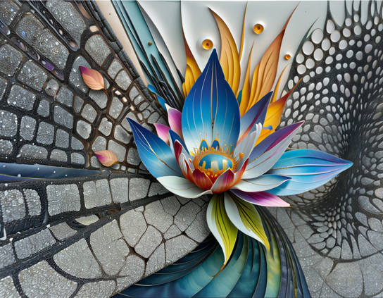 A dramatic abstract vibrant 3D flower, with colorful layered petals, blooming from a harmonious blend of geometric shapes and organic patterns in gray and black.