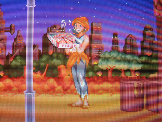 A nice lady wearing ripped jeans, a flannel around her waist and sandals offers the player a fresh, whole pizza. How thoughtful! She's probably holding, too, but this is a kid's game.