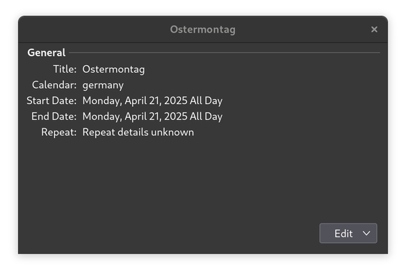 Thunderbird event details for an event called "Ostermontag" in calendar "germany", which is on Monday, April 21, 2025, all day. Repeat details unknown.