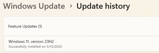 Windows Update history screenshot showing the "Feature update" to Windows 11, version 23H2 from Windows 10.