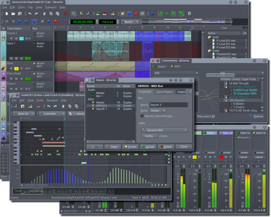 🕶️ A view of the UI with several tracks representing the instruments (Drums1, Bass, Piano1, ...) that will be played. The UI is covered with other related Qtractor tool windows (Audio/MIDI bus, connections interface, sequencer, mixer).

📚️ Qtractor is a libre non-linear, non-destructive DAW for Linux for working with audio and MIDI. It allows to control, record, modify and execute complex acoustic configurations. It uses the JACK sound server for audio and ALSA for MIDI, and supports LADSPA, DSSI, native VSTi and LV2 plug-ins.