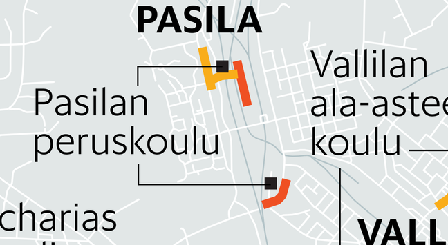 Kartta Pasilasta, johon on merkitty tiet, joilla on tulevaisuudessa alennettu nopeusrajoitus. Merkityt tiet eivät jatku taustakartassa eikä karttaan piirretyt raiteet vastaa nykyisiä linjauksia. Esimerkiksi oranssilla merkitty tieosuus sijaitsee raiteiden välissä. Myöskin karttaan piirretty Sörnäisten satamarata on purettu jo vuonna 2010.
