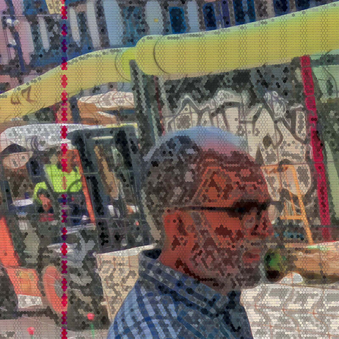 Barcelona digital edited street photography, made with the GNU Image Manipulation Program + Corvo's Painting 5 + Grid BW Color (G'MIC-Qt).