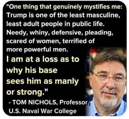 "One thing that genuinely mystifies me: Trump is one of the least masculine, least adult people in public life. Needy, whiny, defensive, pleading, scared of women, terrified of more powerful men. am at a loss as to why his base sees him as manly or strong."

TOM NICHOLS, Professor, U.S. Naval War College