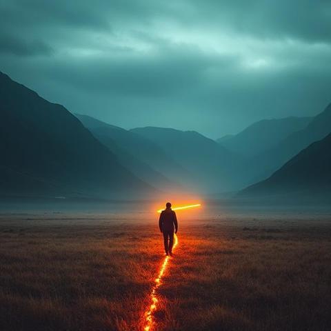 Uma figura humana caminhando sozinha em uma vasta paisagem natural, misturando-se à paisagem, com uma linha brilhante marcando seu caminho — iluminação surreal, contemplativa e cinematográfica.