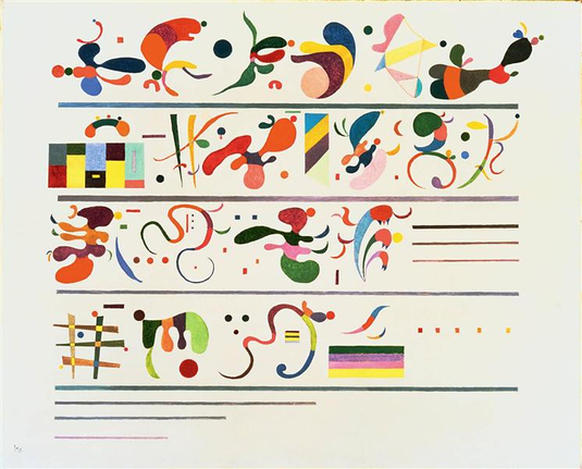 An Abstract painting. Across four horizontal fields that resemble a musical score, assorted multicolor shapes are arranged, along with a number of dots and horizontal lines. The shapes resemble insects, microscopic life, fantasy creatures, and even musical notes.