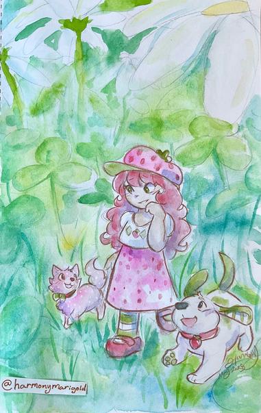 Art of Strawberry Shortcake with per pets Custard and Pupcake, walking through flowers and clovers.
