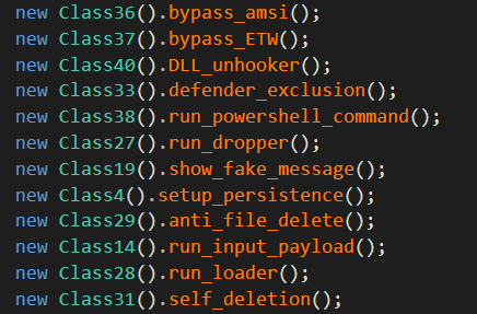 dnspy screenshot of the main function of PureCrypter, a .NET-based loader malware. It shows functions like bypass_amsi, setup_persistence, or run_loader among others.