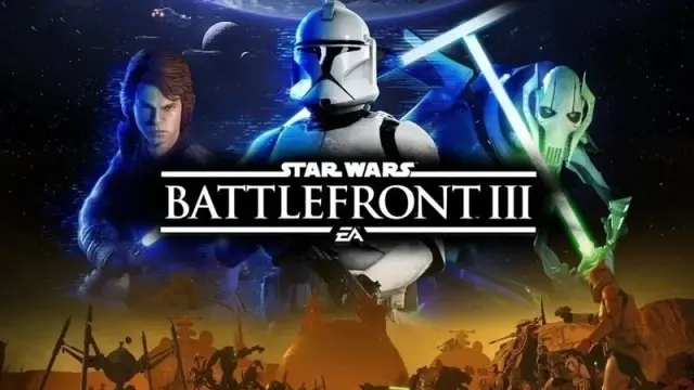 Promotional image for Star Wars Battlefront III featuring Anakin Skywalker, a Clone Trooper and General Grievous.