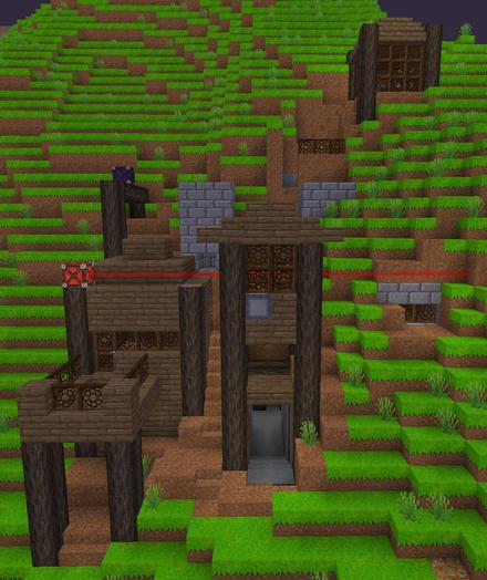 A grassy hill with some wooden huts. A red laser beam shoots through the wooden windows of one hud.