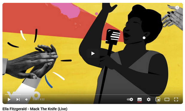 Screenshot of Youtube title image for Ella Fitzgerald's live performance of "Mack The Knife".
A cartoon silhouette of a singer holding a microphone stand with her left hand and gesturing with her right together with images of clapping hands form a collage against a yellow and red background.