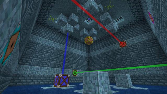 A cube-shaped room made out of blueish stone and some small decorations. 3 colored lasers shoot out of the walls in each of the 3 cardinal directions, and 3 laser detectors are in the room. Water is on the floor.