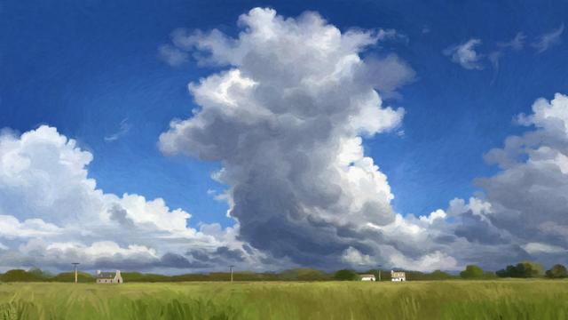Digital painting of a countryside landscape, a wide expanse of tall grass, a line of trees and a few house. The bright blue sky is filled with towering white and grey clouds, and peppered with smaller clouds every which way.