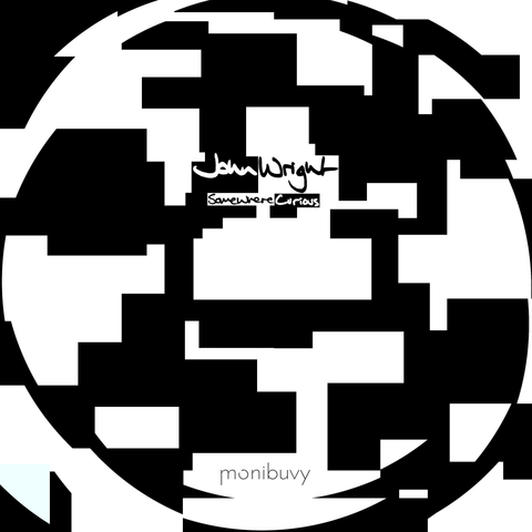 Abstract black and white circular pattern with handwritten text.  Transcribed Text:  John Wright Somewhere Curious monibuvy