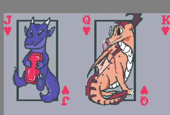 a custom balatro card texture with a purple kobold and my dragon self as cards