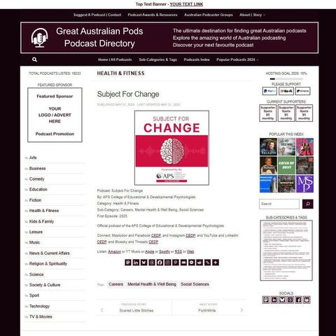 Subject For Change
Screenshot of the podcast listing on the Great Australian Pods website