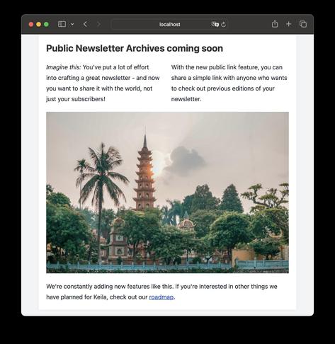 Screenshot of a newsletter created in Keila - but it's a website!
