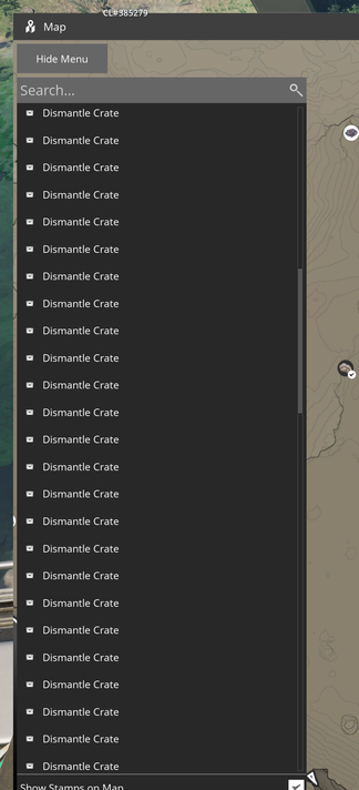 screenshot from satisfactory's map screen showing dozens of dismantle crates in a list