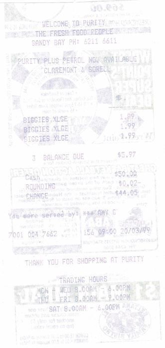 Shows whoever it was bought three "Biggies XLGE" at 1.99 each (whatever they are)