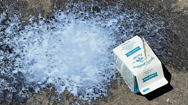 a small paper carton lays on its side in a puddle of splattered milk on sun-lit asphalt. a large gash runs diagonally the length of the front carton to a bottom corner.