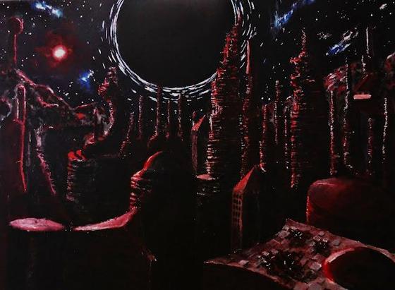 A ruined city on a desolate planet faces an gigantic black hole looming in its sky