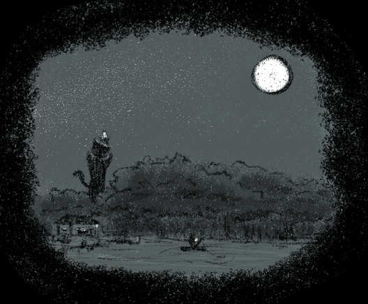 a house on a lake or river among thick trees at night, someone is out on the lake on a boat, in the background pinball is standing over the horizon holding up a light of some sort in both hands over his head, probably a phone