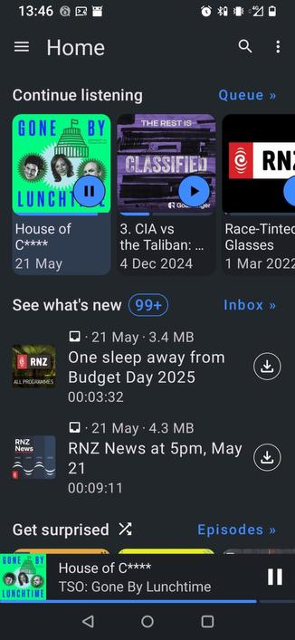 Screenshot of Strypey's AntennaPod home screen, with hamburger menu, search button, and 3 dots menu along the top. Then various lists scrolling sideways; Continue Listening, What's New, and Get Surprised.