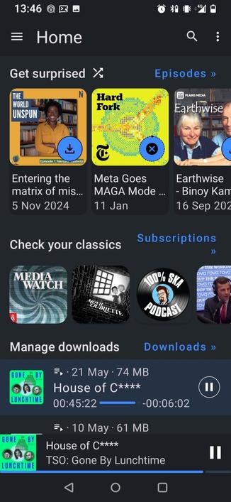 Screenshot of Strypey's AntennaPod home screen, with hamburger menu, search button, and 3 dots menu along the top. Then various lists scrolling sideways; Get Surprised, Check Your Classics, and Manage Downloads.