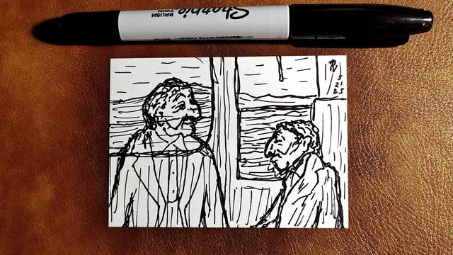 Marker drawing of the Gambler character as depicted when Kenny Rogers sang his song "The Gambler" on "The Muppet Show." He sits dead on a train seat while his ghost standing above him looks content, possibly because he knew when to fold 'em. The drawing is signed with my "RV" signature glyph and dated 5-21-25. The black marker used to draw the image rests on the table above the card.