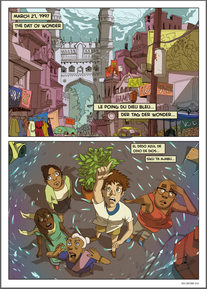 Narration:
March 21, 1997 - THE DAY OF WONDER

An ancient city gate towers above a bustling marketplace filled with colorful signs and lively crowds. People from various backgrounds look skyward in awe and fear as a cosmic blue light rains down.

Text in Multiple Languages:

French: LE POING DU DIEU BLEU...

German: DER TAG DER WONDER...

Spanish: EL DEDO AZUL DE ODIO DE DIOS...

Swahili: SIKU YA AJABU...


Five people stand together, staring upwards with expressions of shock, one of them pointing towards the sky, directly at the looming threat.