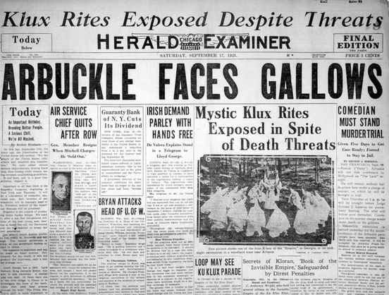 Newspaper with headline "Arbucle Faces Gallows"