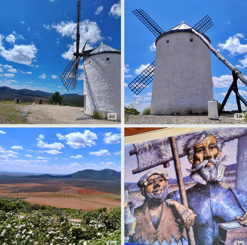 Screenshot of four photos from Bob Fisher Photos' pixelfed account that shows views of scenery and windmills and a mural in Don Quijote's La Mancha.
The mural is of the characters Don Quijote and Sancho Panza:
 https://pixelfed.social/bobfisherphoto

 https://pixelfed.social/p/bobfisherphoto/828233651715781596

https://pixelfed.social/i/web/post/828663230240184364