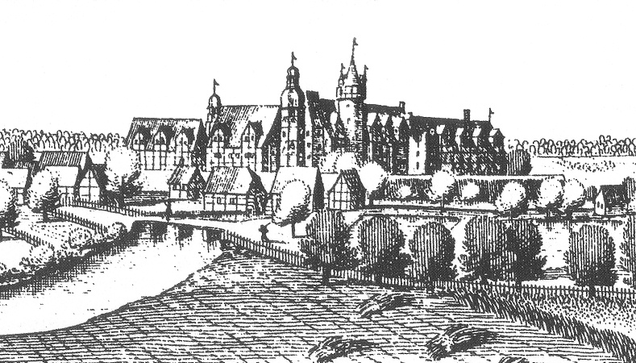 An old black and white illustration of Hudemühlen Castle, a small palace next to a river. This was the site for "Hinzelmann", a story told by the Brothers Grimm in their "Deutsche Sagen" folk tale collection.
