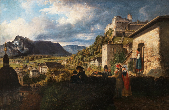 A 19th century oil painting showing a scene with people on the outskirts of the city of Salzburg, with a view of Untersberg Mountain - a major nexus of supernatural tales in German-Austrian folklore