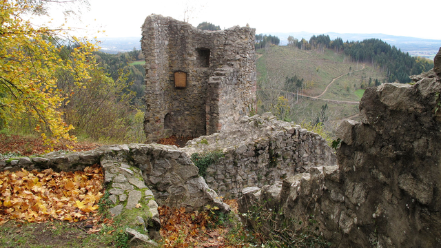 The ruins of Schwarzenburg Castle on a tall, forested hill near Breisgau, photographed by Joachim Haller on Wikimedia Commons under a CC BY 3.0 license at https://commons.wikimedia.org/wiki/File:Schwarzenburg_waldkirch_02.JPG . According to legend, this castle was ruined when the Devil arrived to punish its wicked lord with fire-spraying cherries.