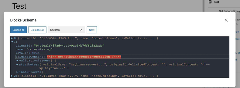 Screenshot of a block editor plugin with a modal open displaying all the block schema on the page. This plugin allows you to expand, collapse and search JSON content.