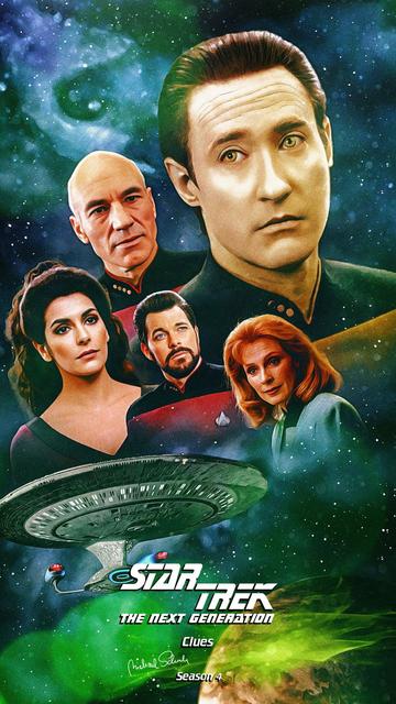 A poster for the Star Trek The Next Generation episode Clues, featuring the faces of Picard, Data, Troy, Riker, and Dr. Crusher around the Enterprise D as it fled near to a planet.