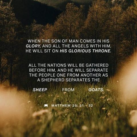 "“When the Son of Man comes in his glory, and all the angels with him, he will sit on his glorious throne. All the nations will be gathered before him, and he will separate the people one from another as a shepherd separates the sheep from the goats." - Matthew 25:31-32 (NIV)