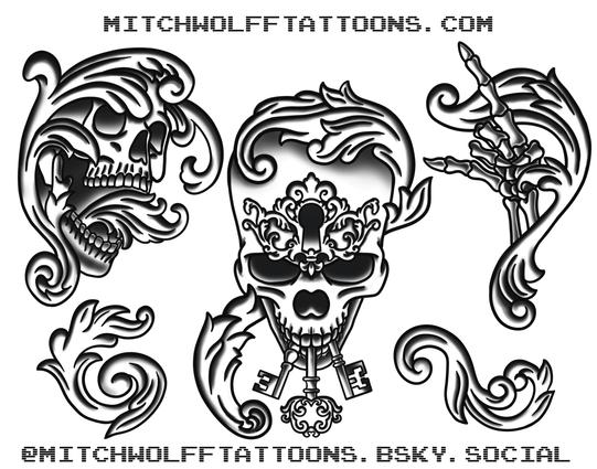 Black and Gray bones and filigree flash by Mitch Wolff Tattoons