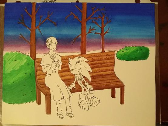 WIP of Sonic sitting next to Elise on a park bench, he's watching her use her heat powers to warm the hot chocolate she's holding. The sky, trees, bench, and bushes are all colored with alcohol markers.
