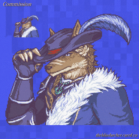 A 16 bit pixel art bust of a wolf knight character.  The character has brown fur and two visible scars on his snout, and long hair with braids on either side of his head.  He's wearing black armor with white and gold accents, wearing a blue half-coat with white fur lining.  He's wearing a jade medallion around his neck, and a wide-brimmed hat with a large blue feather accessorizing it.  He's holding the brim of the hat between his index finger and thumb, as if politely tipping it.  The character is the clients OC.