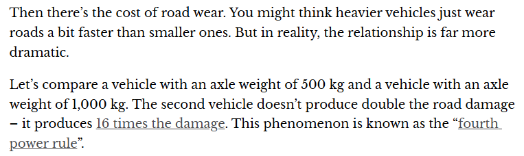 Then there's the cost of road wear. You might think heavier vehicles just wear
roads a bit faster than smaller ones. But in reality, the relationship is far more
dramatic.

Let's compare a vehicle with an axle weight of 500 kg and a vehicle with an axle
weight of 1,000 kg. The second vehicle doesn’t produce double the road damage
— it produces 16 times the damage. This phenomenon is known as the “fourth
power rule”.