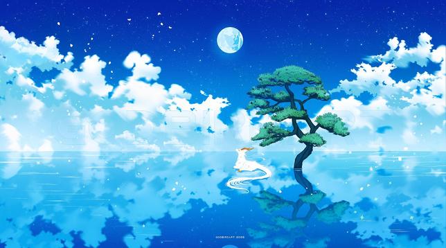 image is a digitally illustrated artwork of an ethereal pale kirin resting beneath a tree upon a reflective water surface. fluffy, soft clouds roll along the horizon's edge as the full moon lingers overhead with the stars.