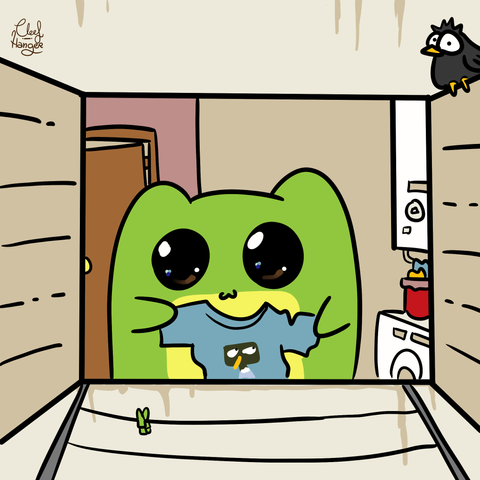 La ventana del deslunao dónde se tiende en casa de Froggelio. Sale Froggelio con una camiseta estampada de Coll Verd a punto de tenderla. En el fondo se ve el termo, la lavadora y un cubo con trapos. Sobre la puerta de la ventana hay un cuervito.