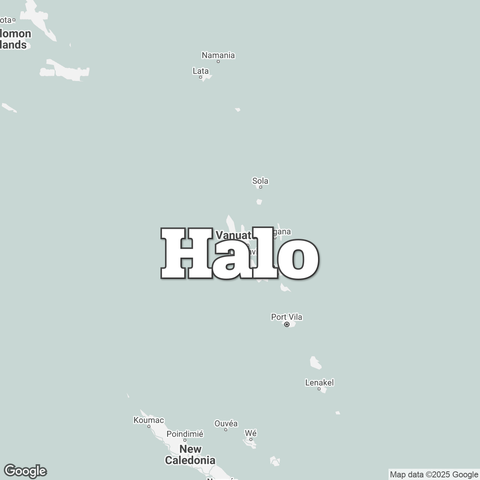 Map of Vanuatu overlaid with a translation of the word "hello": Halo.